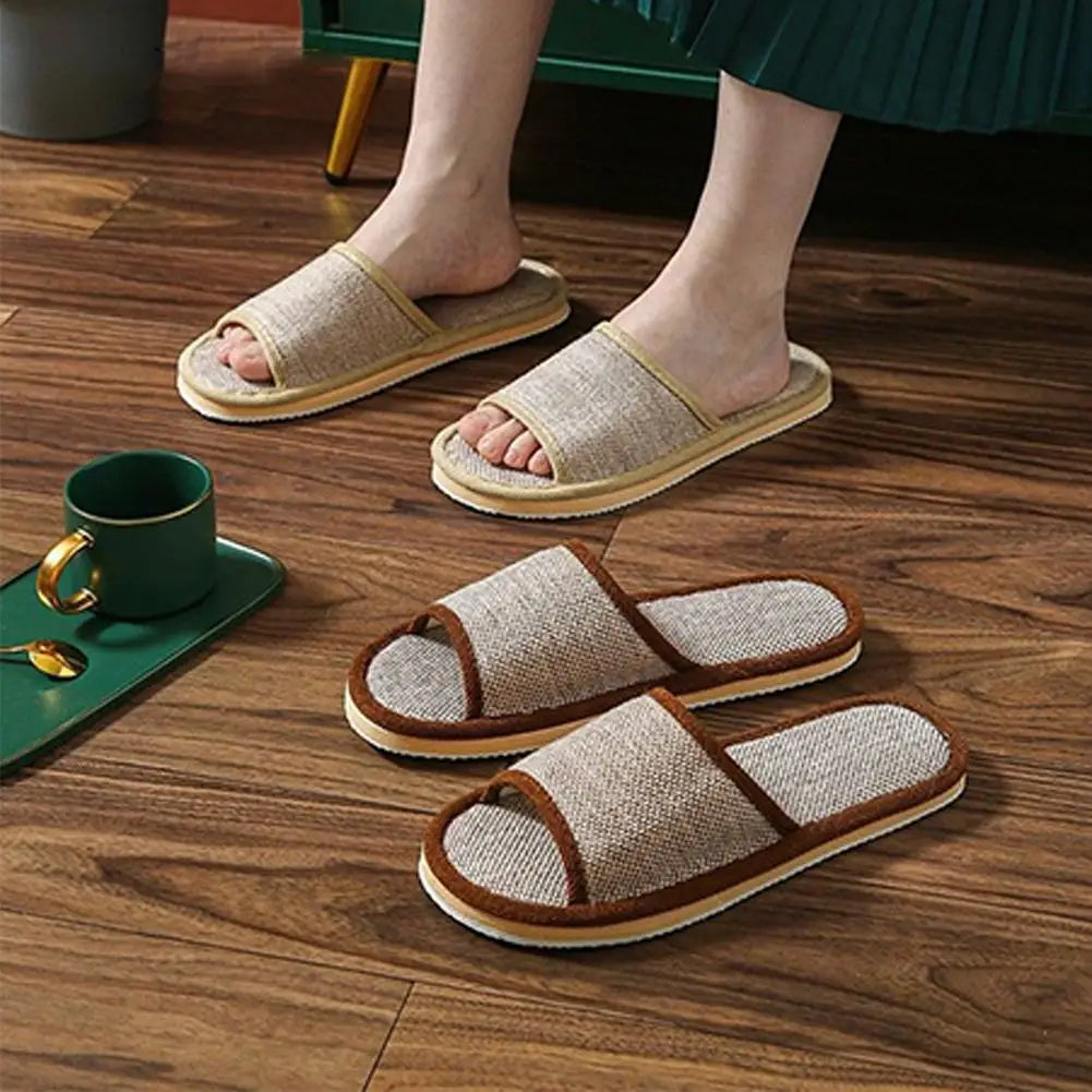 Linen Open Toe House Slippers for Women Men Breathable Flax Indoor Slip On Slides Lightweight Cozy Slippers Casual Floor Shoes
