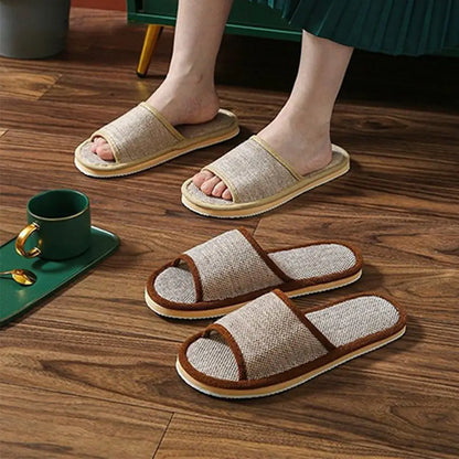 Linen Open Toe House Slippers for Women Men Breathable Flax Indoor Slip On Slides Lightweight Cozy Slippers Casual Floor Shoes