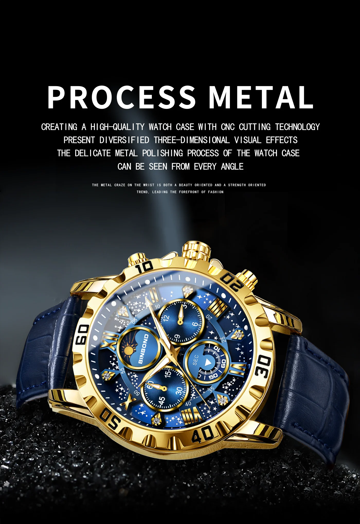 BINBOND Genuine accurate quartz wristwatches for men luxury luminous waterproof chronograph leather strap men's watch reloj