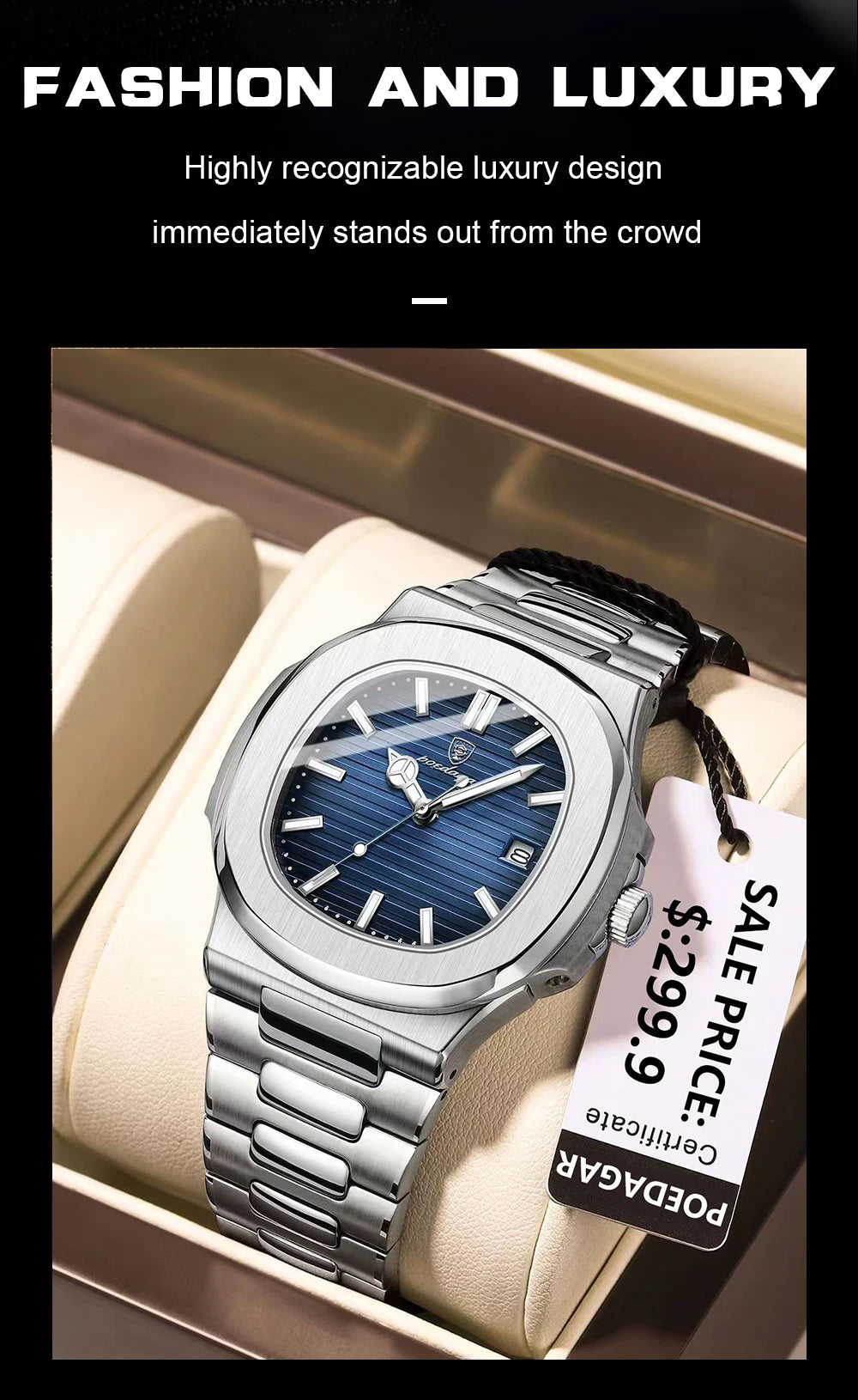 POEDAGAR Fashion Square Quartz Man Clock Waterproof Luminous Date Stainless Steel Watches For Men Luxury Business Men Wristwatch