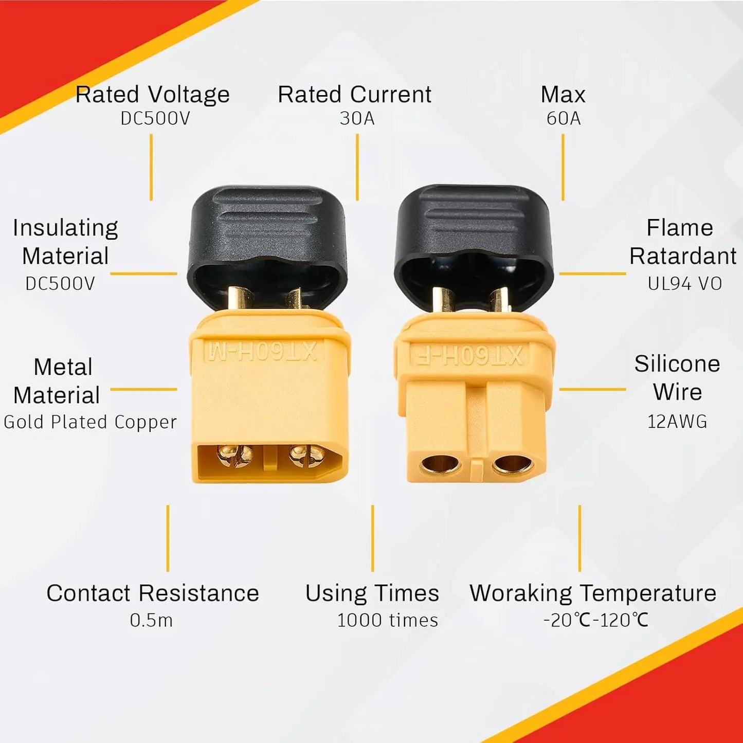 10 Pair XT60H (XT60 Upgrade) Connectors, XT60H Male Female Bullet Connectors Plugs with Sheath for Lithium Battery RC Planes Car