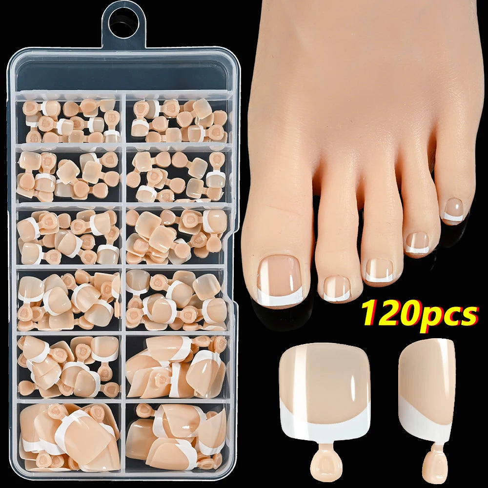 120Pcs 9-Colors French Fake Toenails Summer Short Sqaure Press On Toe Nails Tips Glossy Nude/Pink/Brown Full Cover False Toenail