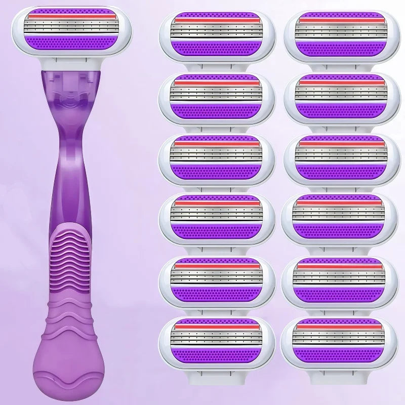 Women Razor 1 Handle 3 Layer Cartridges Stainless Steel Blade Rubber Handle Reusable Body Hair Remove Razor Blade