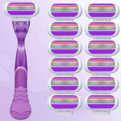 Women Razor 1 Handle 3 Layer Cartridges Stainless Steel Blade Rubber Handle Reusable Body Hair Remove Razor Blade