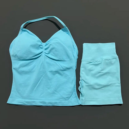 Yoga 2 Pieces Gym Set Women Backless Halter Tops High Waist Seamless Shorts Gym Suit Fitness Sports Bras Sportswear Workout Sets