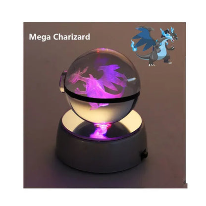 Anime Pokemon 3D Crystal Ball Snorlax Figure Pokeball Engraving Crystal Charizard Model with LED Light Base Kids Gift ANIME GIFT