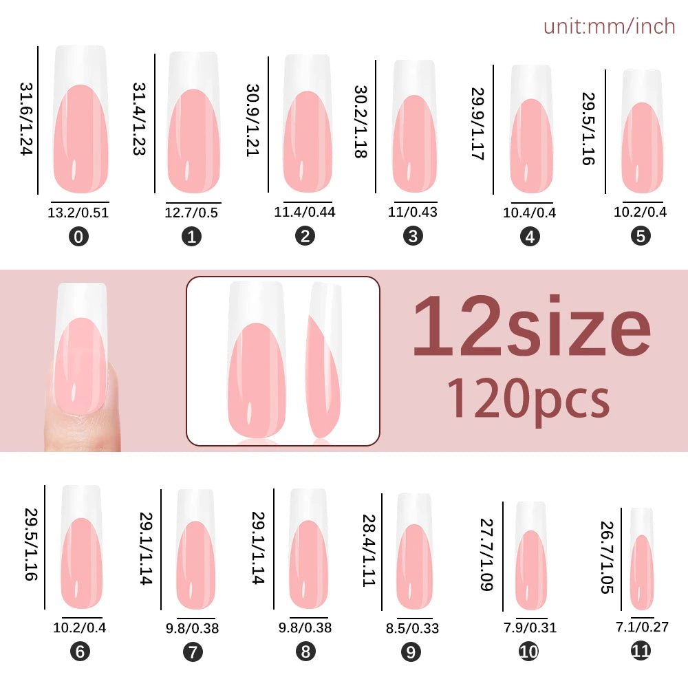 120Pcs Glossy Pink French Press On Nails 12-Sizes Long Square Fake Nails White Edge Design Full Cover French False Fingertips TD