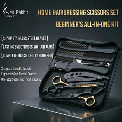 Hair Cutting Scissors Set Barber Shears Kit with Comb Razor Clip Bag Stainless Steel Thinning Scissors Home Salon Beginners 1001