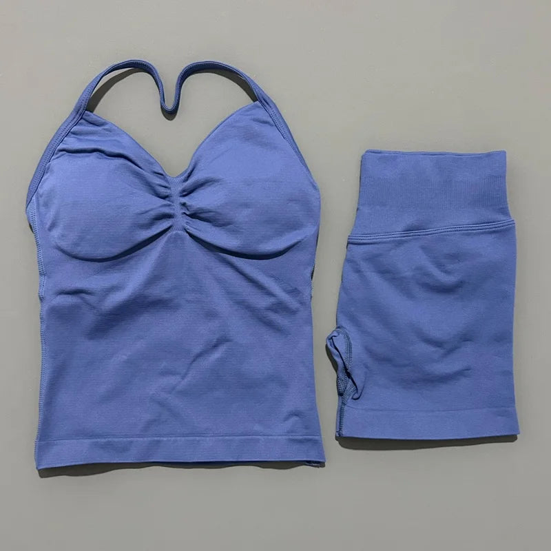 Yoga 2 Pieces Gym Set Women Backless Halter Tops High Waist Seamless Shorts Gym Suit Fitness Sports Bras Sportswear Workout Sets