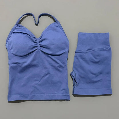 Yoga 2 Pieces Gym Set Women Backless Halter Tops High Waist Seamless Shorts Gym Suit Fitness Sports Bras Sportswear Workout Sets