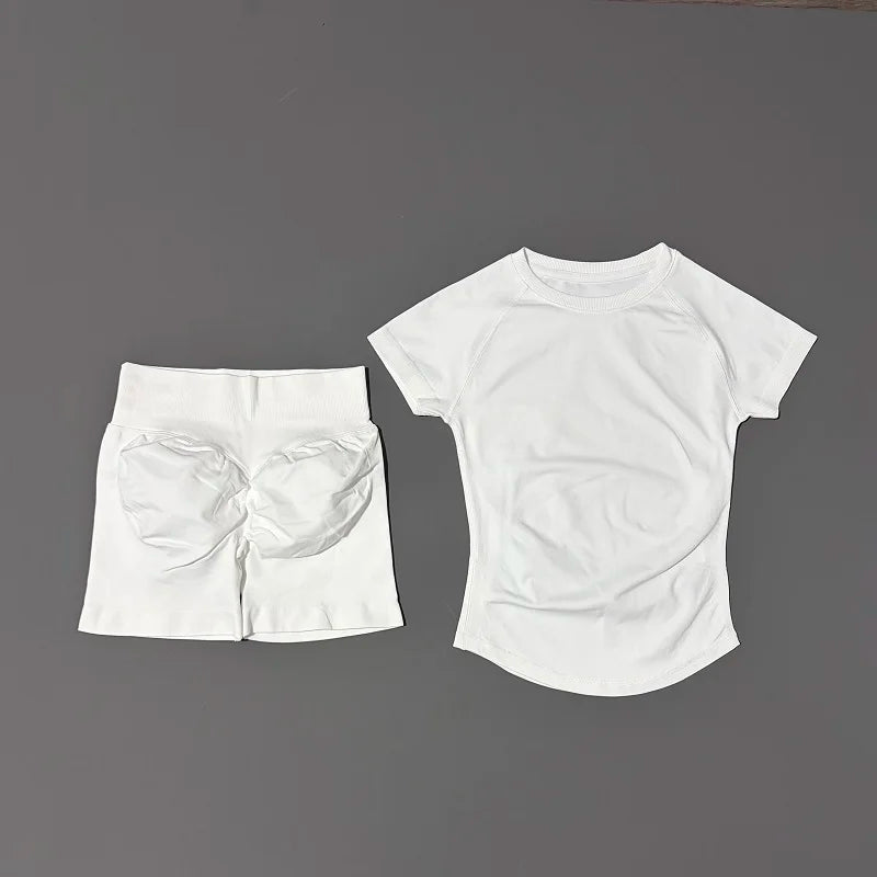 2 Pieces HISTELLO Sports Sets Short Sleeve Seamless Yoga Top Fitness Set Women Workout Running Sports Shorts Gym Suit