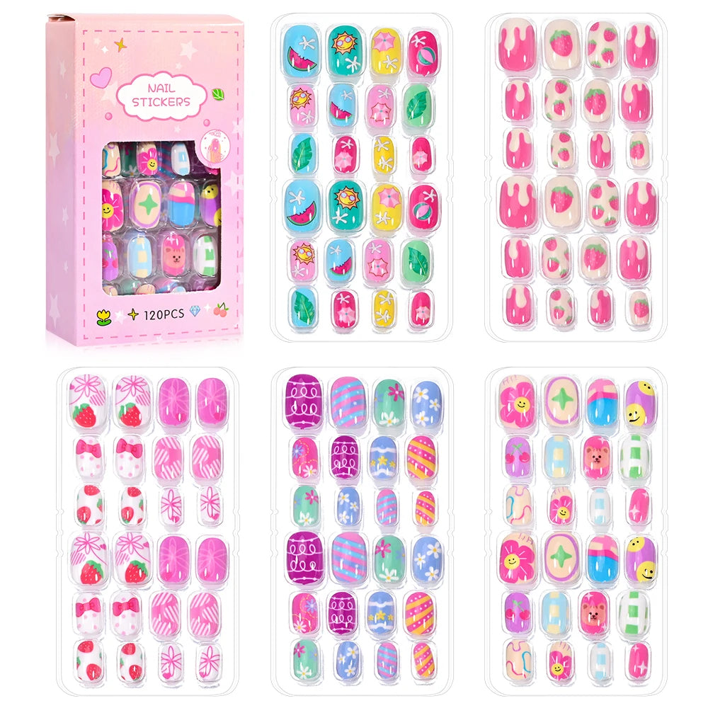 120Pcs/Box Cartoon Gril Princess Children Press On Nails 6-14Years Kawaii Cat/Flowers/Rainbow Nail Tips With Jelly Gel Girl Gift