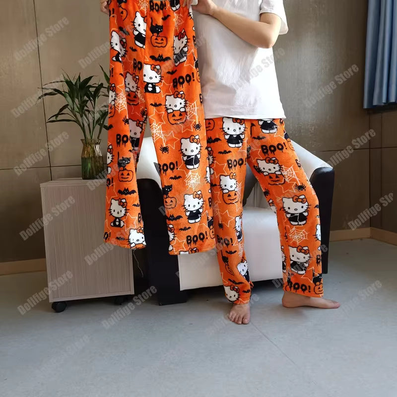 Christmas Sanrio Hello Kitty Pajamas Halloween Flannel Fashion Trouserswomen Kawaii Woolen Anime Cartoon Casual Home Pant Autumn