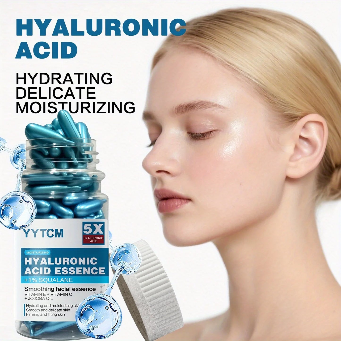Hyaluronic Acid Deep Moisturizing Capsule Essence, Hydrates and Smooths the Skin, Contains Plant-Derived Squalane, Vitamin E, Vitamin C, Deep Moisturizing and Skin-Brightening Essence (0.4Gx90 Capsules)/Bottle-1 Bottle