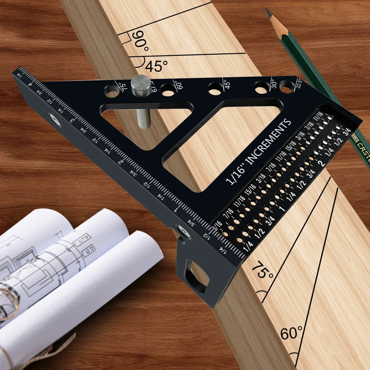 3D Multi-Angle Woodworking Square Protractor, Aluminum Alloy Miter Triangle Ruler T-Type Scriber - 22.5/30/45/60/67.5/90 Degree