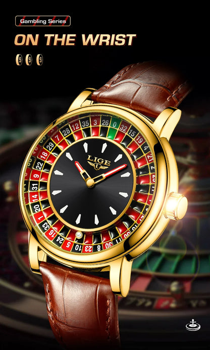 LIGE Fashion Men Watch Rotating Dial Las Vegas Roulette Desktop Theme Watch Men Waterproof Luminous Clock Watches Creative Clock