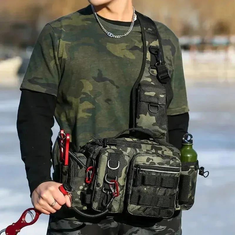 Large Capacity Fishing Gear Bag with Bait Box, 3-in-1 Shoulder Waist Crossbody Fishing Rod Storage Bag