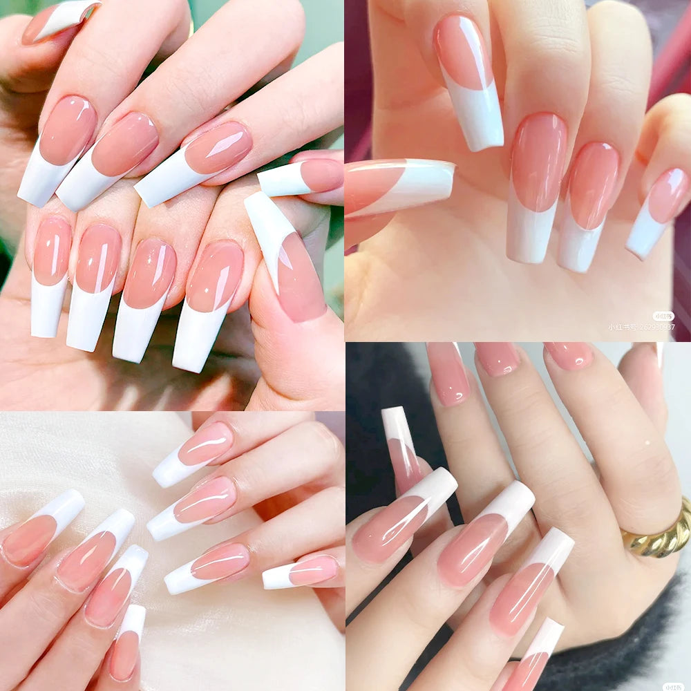 120Pcs Glossy Pink French Press On Nails 12-Sizes Long Square Fake Nails White Edge Design Full Cover French False Fingertips TD
