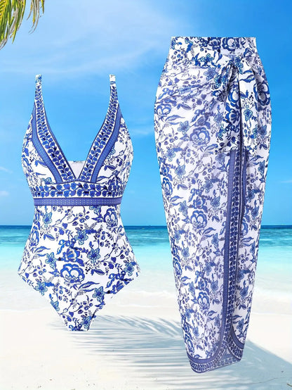 Blue One-Shoulder Ruffled Print Floral Swimsuit Set Cover Up Single Piece Micro Monokini Sexy Swimwear For Girls Summer Beach