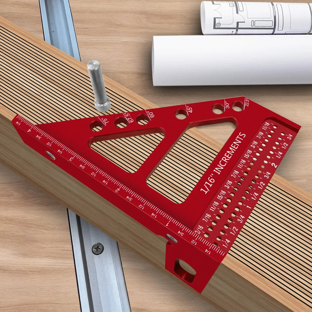 3D Multi-Angle Woodworking Square Protractor, Aluminum Alloy Miter Triangle Ruler T-Type Scriber - 22.5/30/45/60/67.5/90 Degree