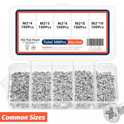 500pcs Mini M2 Self Tapping Screws Phillips Flat Head Alloy Steel Assortment Kit 5 Sizes Cross Drive DIY Set for Electronics