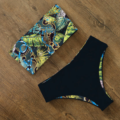 2025 New Sexy Low Hight Bikini Set Swimwear Women Bandeau Female Print Floral Strappy Swimsuit Bathing Suit Beach Wear Biquini