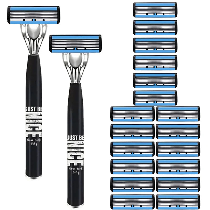 Men's 6-Blade Manual Razor with Non-Slip Handle and Multiple Replacement Blades - Ideal for Trimming Beards and Mustaches