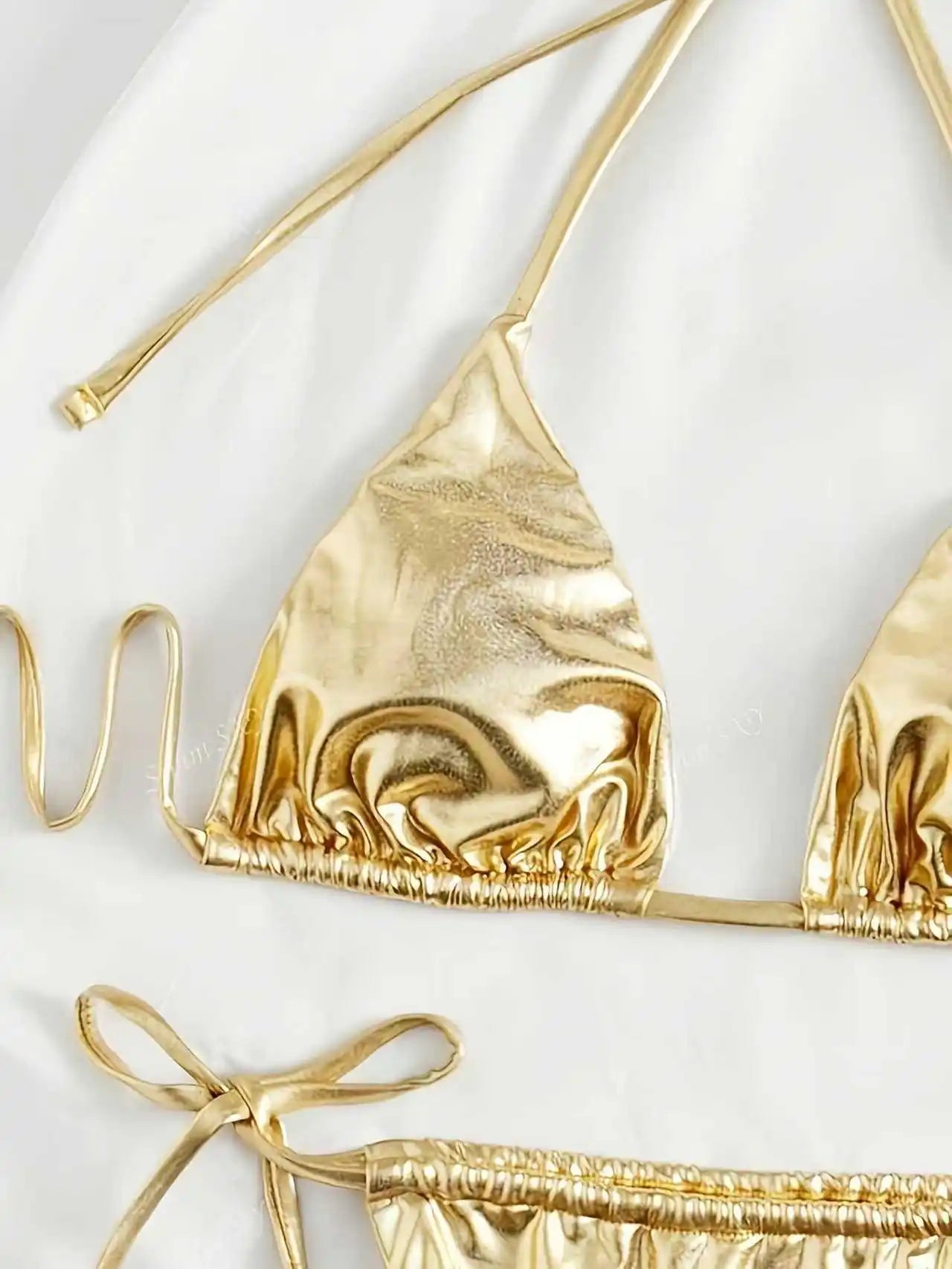 Women Bikini Set 2025 Summer Metallic Gold Shiny Halter Triangle Tie Side String Sexy Swimwear Female Beach Vacation Bathing Sui