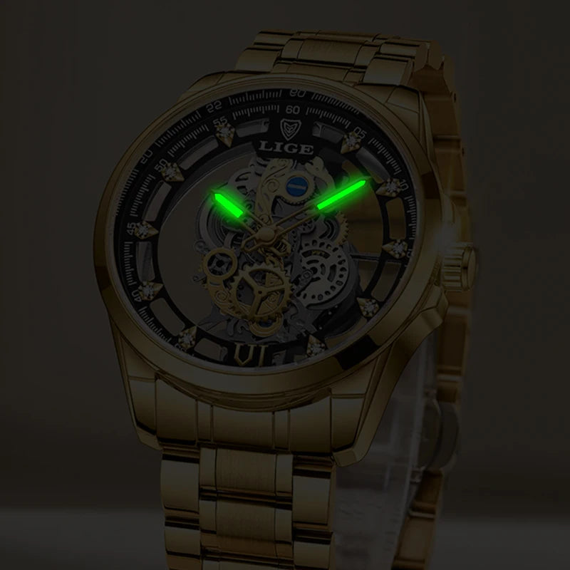 Original LIGE Men Watch Gold Stainless Steel Hollow Skeleton Quartz Watches for Men Fashion Military Waterproof Men Wristwatch