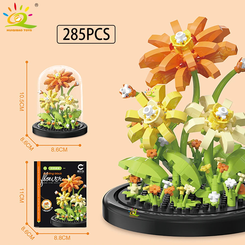 HUIQIBAO MOC Eternal Bouquet Display Box Micro Building Blocks Flower Model DIY Home Desk Plant Decoration Brick Toy For Childre
