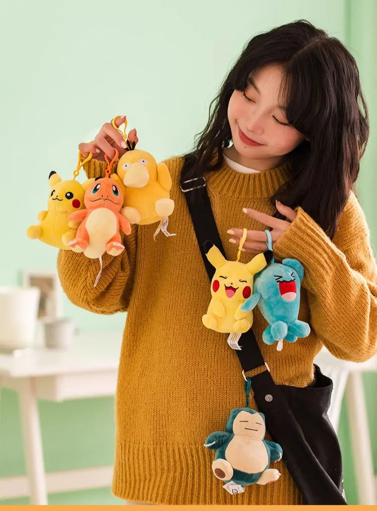 Anime Pokemon Kawaii Pikachu Keychain Eevee Mew Bulbasaur Charmander Snorlax Psyduck Stuffed Toy Cute Plush Keyring Doll Pendant