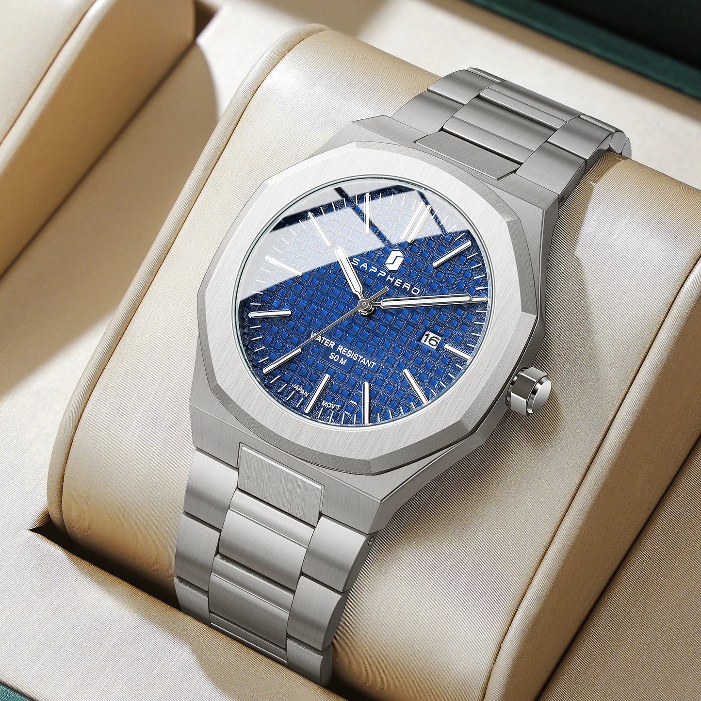 SAPPHERO Luxury Business Men's Watch Stainless Steel Waterproof Watch For Men Glowing Hand Date Function Tough Men Gift Watch