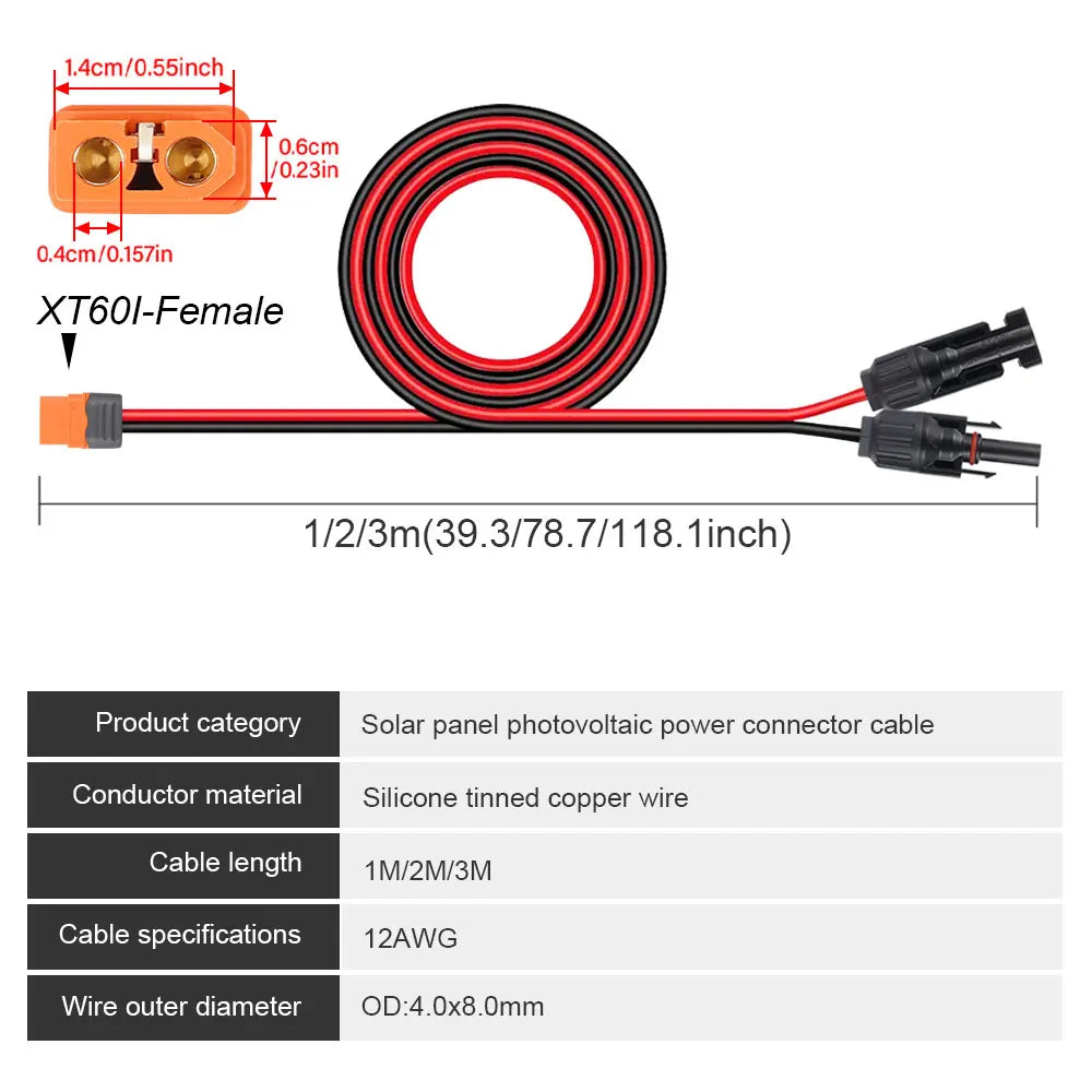 1/2/3M Solar Connector to XT60I- F Adapter 12AWG CableConnect Solar Panel Charge Cable for Solar Generator Portable Power Statio