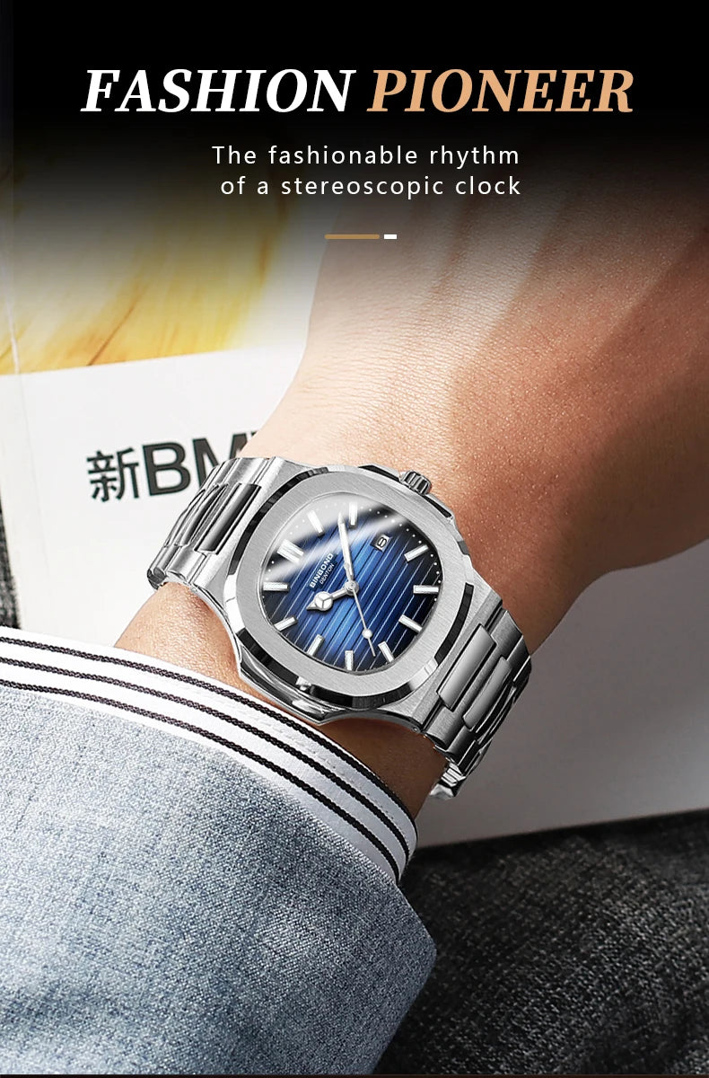 BINBOND sturdy stainless steel strap quartz wristwatches for men luxury luminous waterproof auto date accurate men's watch reloj