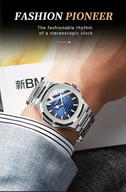 BINBOND sturdy stainless steel strap quartz wristwatches for men luxury luminous waterproof auto date accurate men's watch reloj