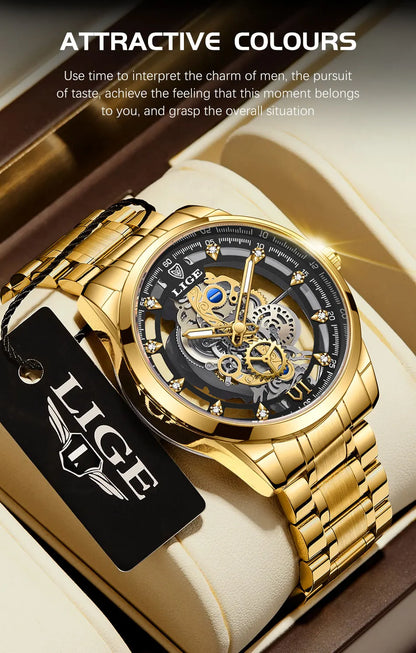 Original LIGE Men Watch Gold Stainless Steel Hollow Skeleton Quartz Watches for Men Fashion Military Waterproof Men Wristwatch