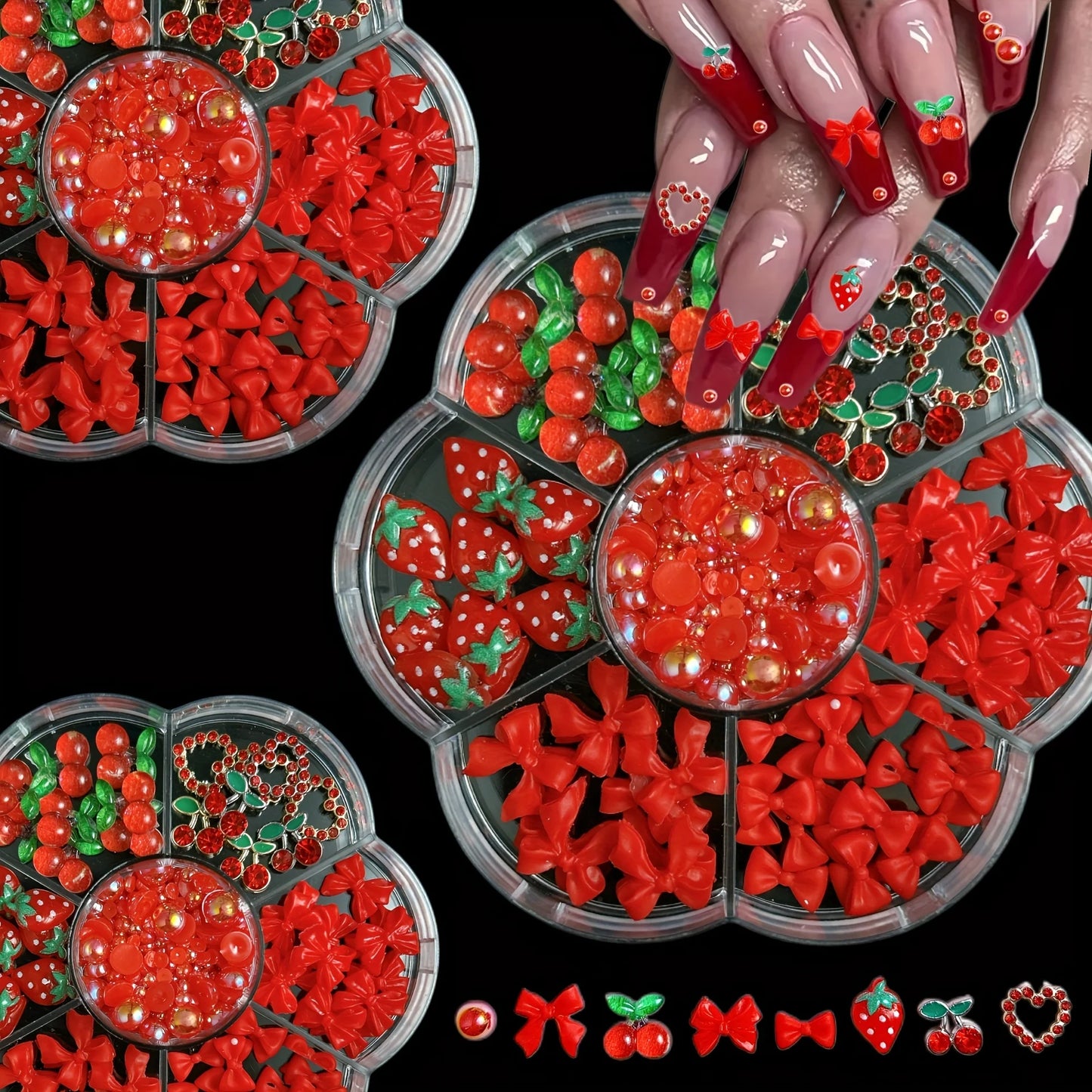 100PCS Random Mixed Strawberry Flowers Nail Charms Sweet Resin Flatback Moon Nail Art Decoration Accessories Manicure DIY
