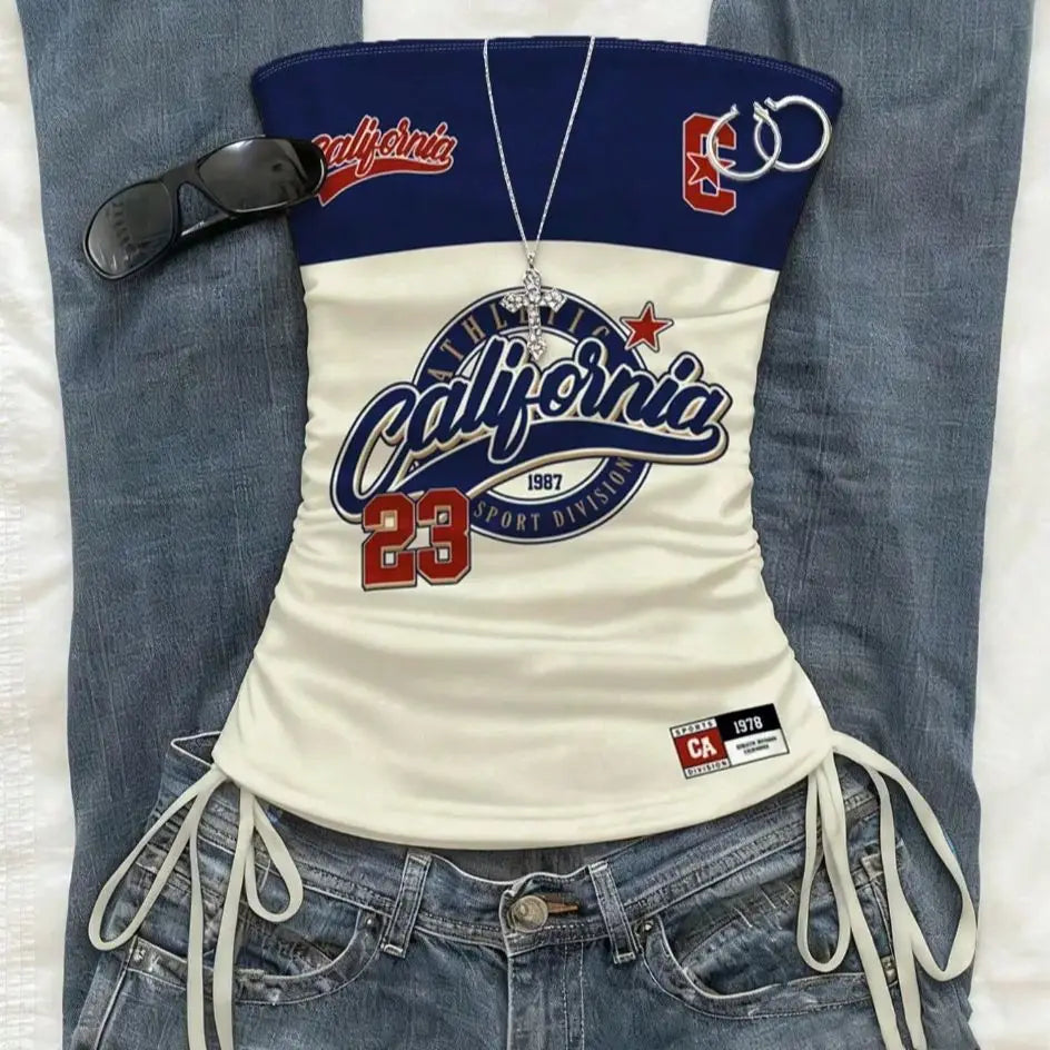 Printed Drawstring Tie-Front Crop Top