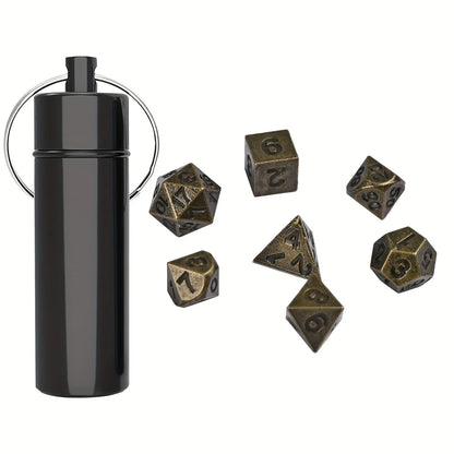 7pcs DND  Mini Antique Iron Dice Set, Bronze Polyhedral Metal Game Dice Set, Tiny Portable Dice For Game Player