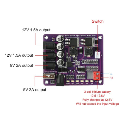 Mini Router UPS Uninterruptible Power Supply Board 40W 11.1V Battery Charging Board 4-Channel Power Module Output USB DC Port