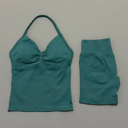 Yoga 2 Pieces Gym Set Women Backless Halter Tops High Waist Seamless Shorts Gym Suit Fitness Sports Bras Sportswear Workout Sets