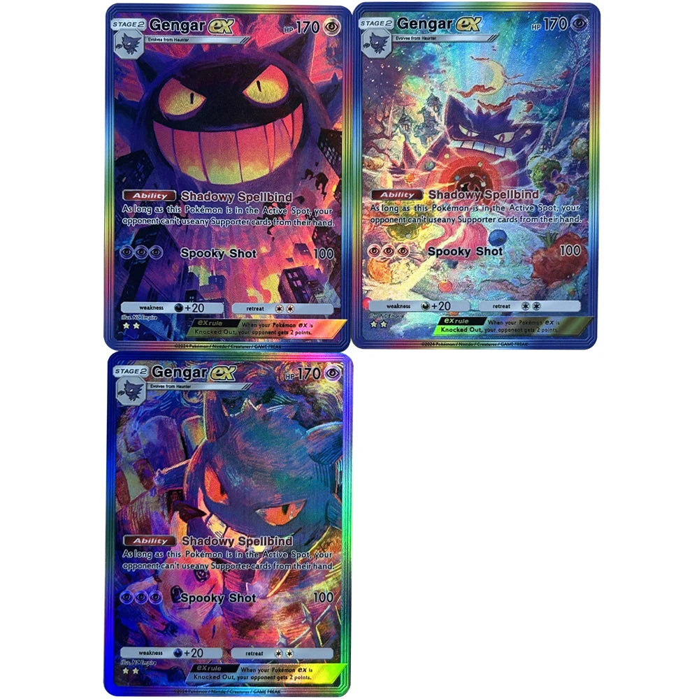 3Pcs/set Ex HP170 Gengar DIY Anime PTCG Collection Card English Spooky Shot Refractive Color Flash Relief Card Kid Gifts Toy