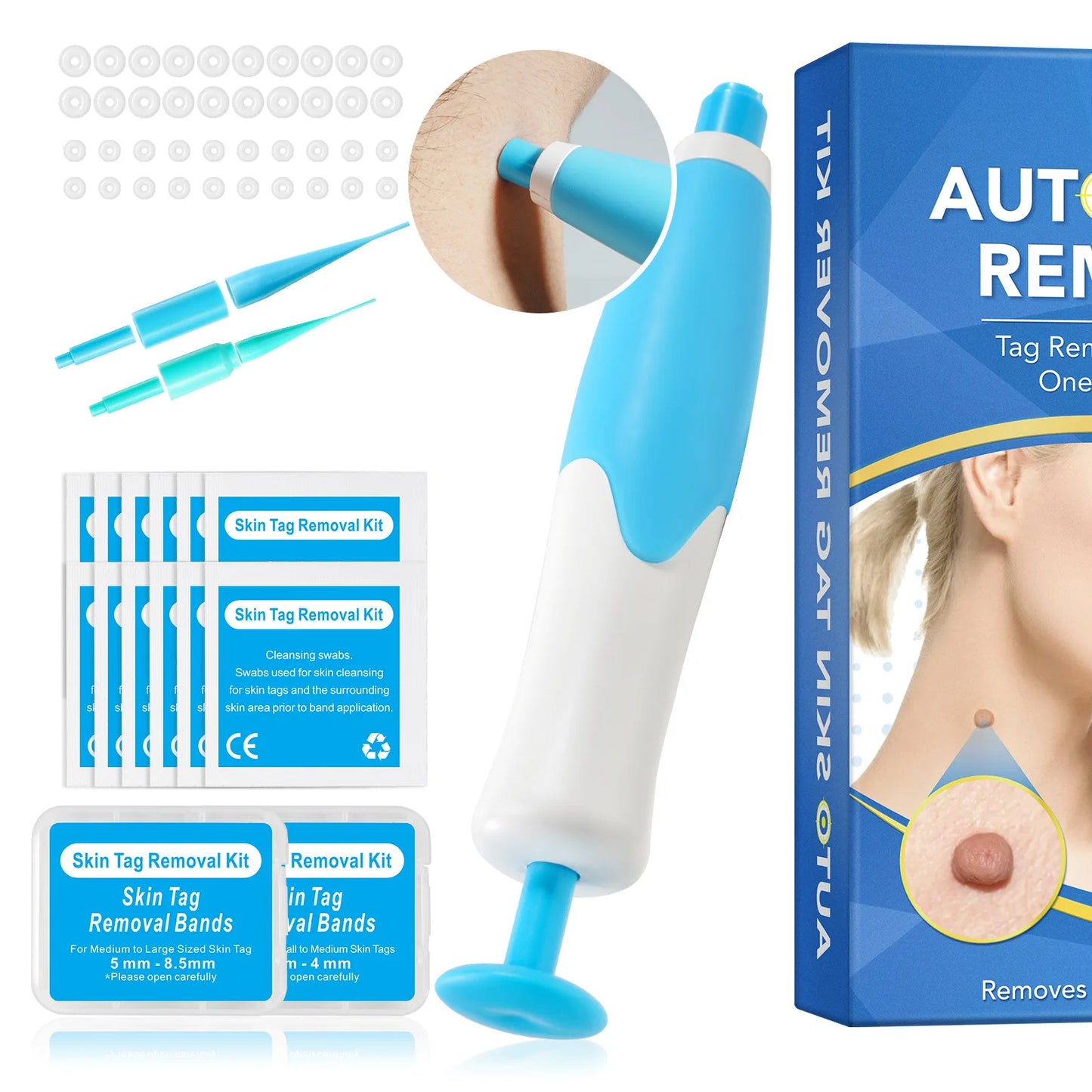 2-IN-1 Auto Skin Tag Removal Tool Kit Painless Skin Label Mole Acne Wart Removal Pen with Cleansing Swabs Facial Skin Care Tool