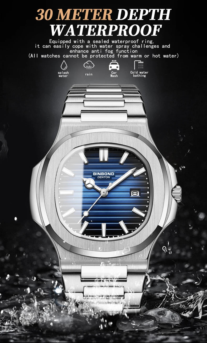 BINBOND sturdy stainless steel strap quartz wristwatches for men luxury luminous waterproof auto date accurate men's watch reloj