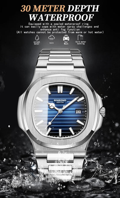 BINBOND sturdy stainless steel strap quartz wristwatches for men luxury luminous waterproof auto date accurate men's watch reloj