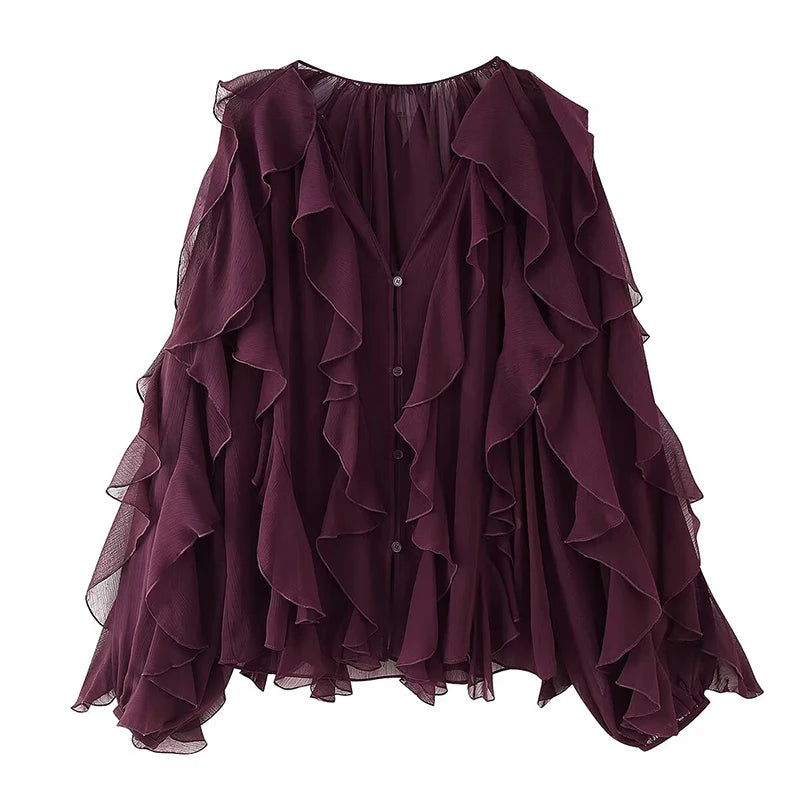 YENKYE New 2025 Women Sexy Semi-sheer Ruffle Shirt Long Sleeve V Neck Front Button Autumn Blouse Burgundy Blusas Mujer
