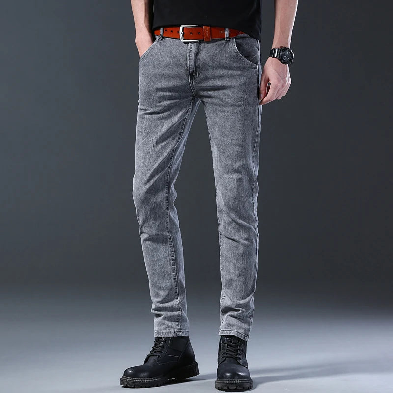 Men's Grey Mid-Waist Slim Stretch Jeans