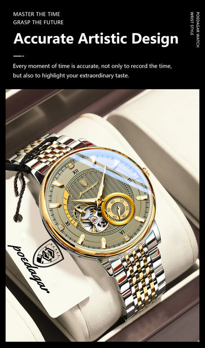 POEDAGAR Luxury Man Watch Stainless Steel Hollow Tourbillon Men Clock Luminous Mechanical Automatic Business Men's Watches Reloj