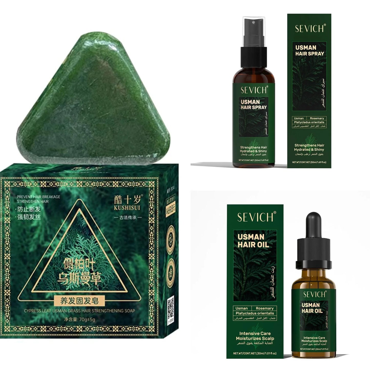 1/2/3pcs Hair Loss Prevention Set Fast Regrowth Hair Essential Oil Usman Handmade Shampoo Soap Hair Care Serum Scalp Thickening