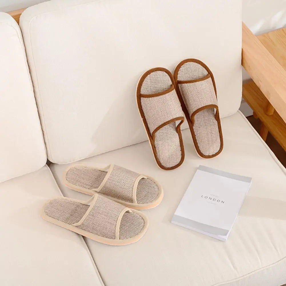 Linen Open Toe House Slippers for Women Men Breathable Flax Indoor Slip On Slides Lightweight Cozy Slippers Casual Floor Shoes